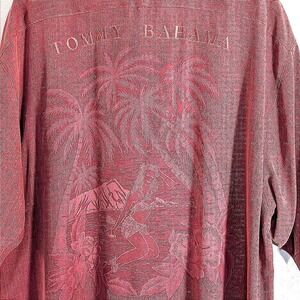Vintage Tommy Bahama 100% Silk Hula Girl Shirt XL Red Grandpacore Retro Tiki Tee